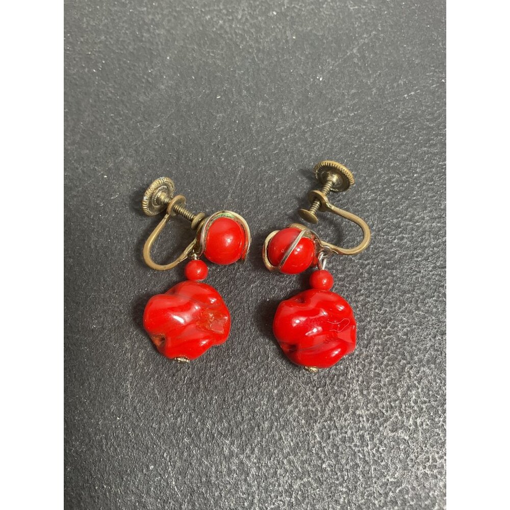 Vintage Red Lapis Screw Back Earrings Women